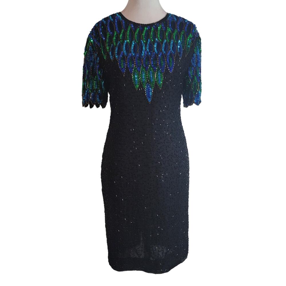 Stenay EST Size 4 Vintage Sequin Embellished Cocktail Dress Blue Green Black